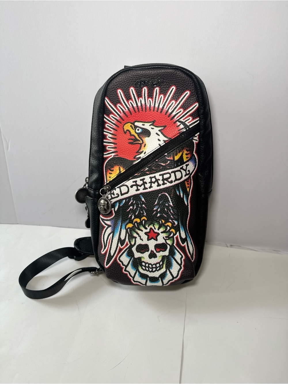 Ed Hardy Sling Backpack Eagle Skull Tattoo Crossbody Bag Black Graphic